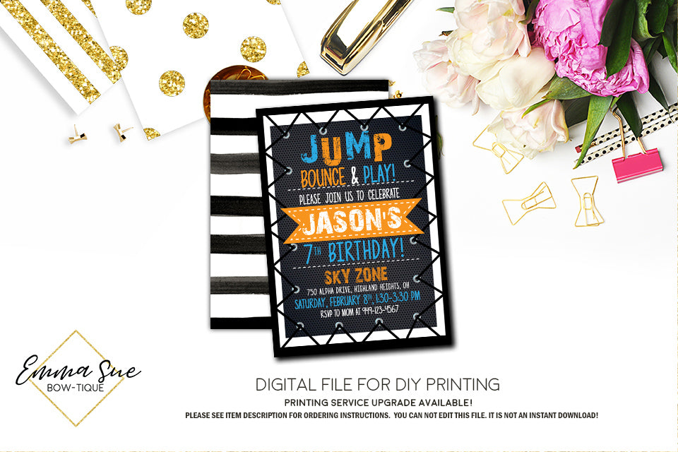 Jump Trampoline Park Kid's Birthday Invitation - Digital File Printable (TRAMP-skyzone)