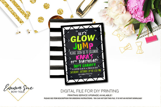 Cosmic Glow Jump Trampoline Park Kid's Birthday Invitation - Digital File Printable (TRAMP-glowGirl)