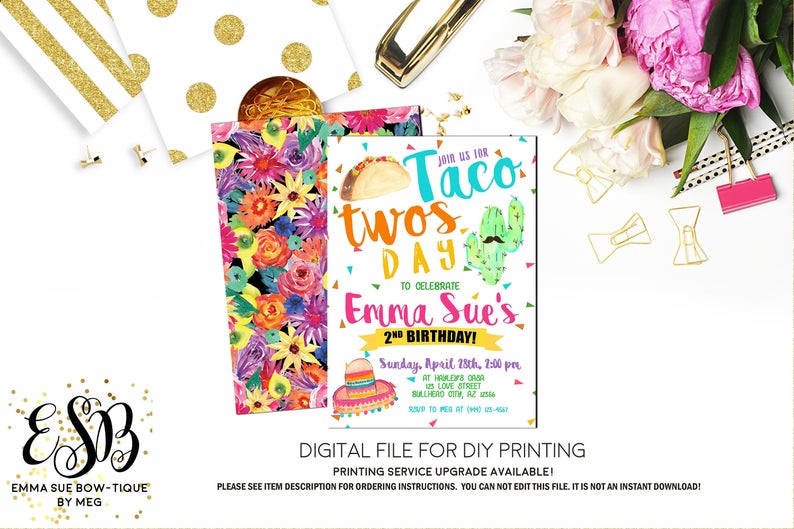 Girl's Taco Twos-day 2nd Birthday Party Invitation Printable - Digital File  (taco-twosday)