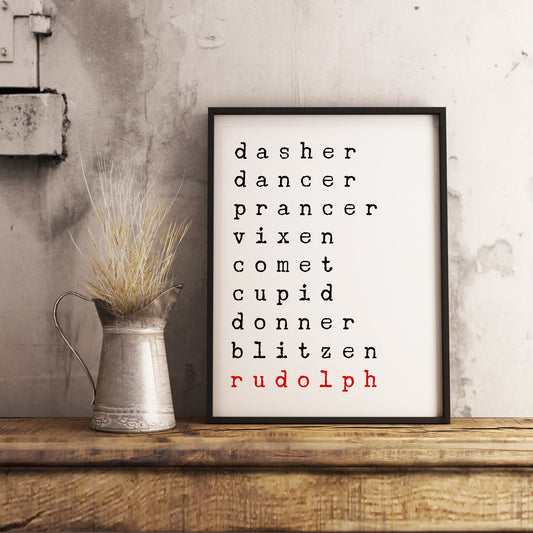 Dasher Dancer Prancer Vixen Santa's Reindeers - Christmas Printable Sign Farmhouse Style  - Digital File