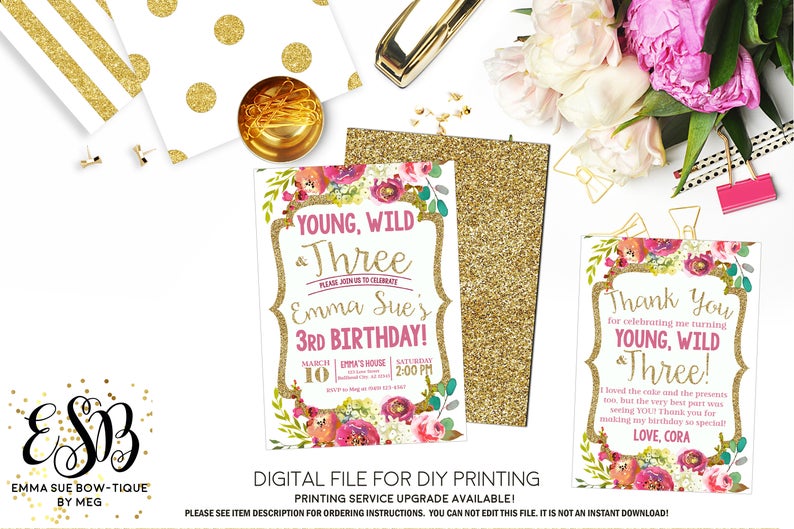 Young Wild and Three Fall Floral Wildflower Birthday Party invitation Printable - Digital File  (Three-wildfallflower)