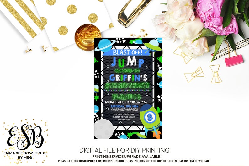 Blast Off Outer Space - Jump Trampoline Park Kid's Birthday Invitation - Digital File Printable (TRAMP-outerspace)