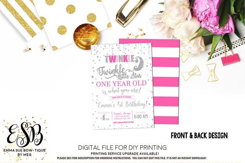 Twinkle Twinkle Little Star One year old is what you are - Pink 1st Birthday Invitation - Digital File Printable (Twinkle-star2018pnk)