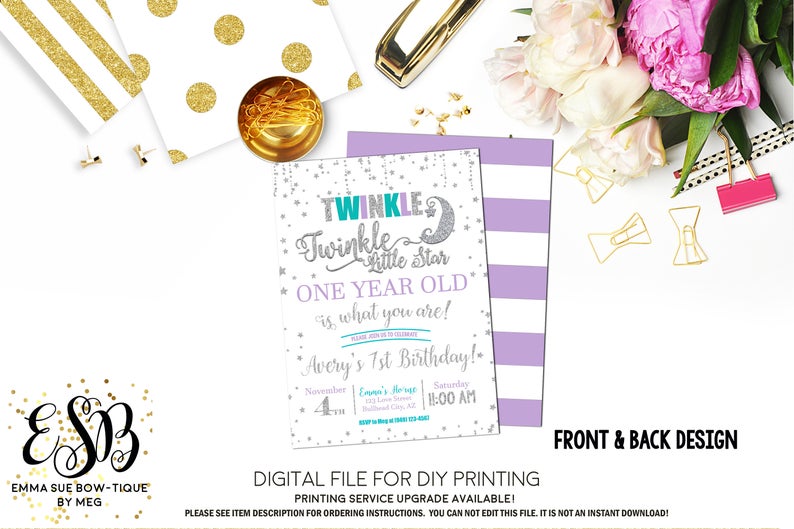 Twinkle Twinkle Little Star One year old is what you are - 1st Birthday Invitation - Digital File Printable (Twinkle-star2018)