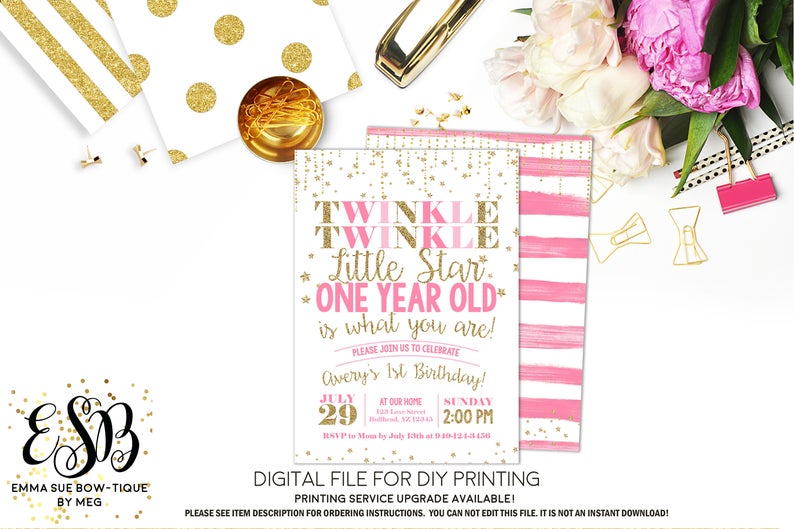 Twinkle Twinkle Little Star One year old is what you are - Pink & Gold 1st Birthday Invitation - Digital File Printable (Twinkle-starone)