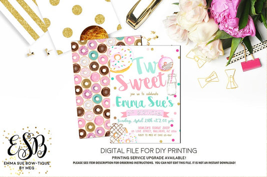 Two Sweet - Donut Girl's 2nd Birthday Party Invitation Printable - Digital File  (two-sweetdonut)