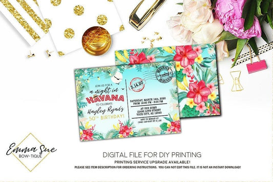 A night in Havana - Postcard Havana Nights Tropical Birthday invitation Printable - Digital File  (Havana-retro)