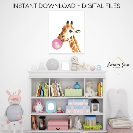 Watercolor Bubble Gum Giraffe Zoo Animal - Kid's Room Or Baby Nursery Printable Wall Art  - Digital File