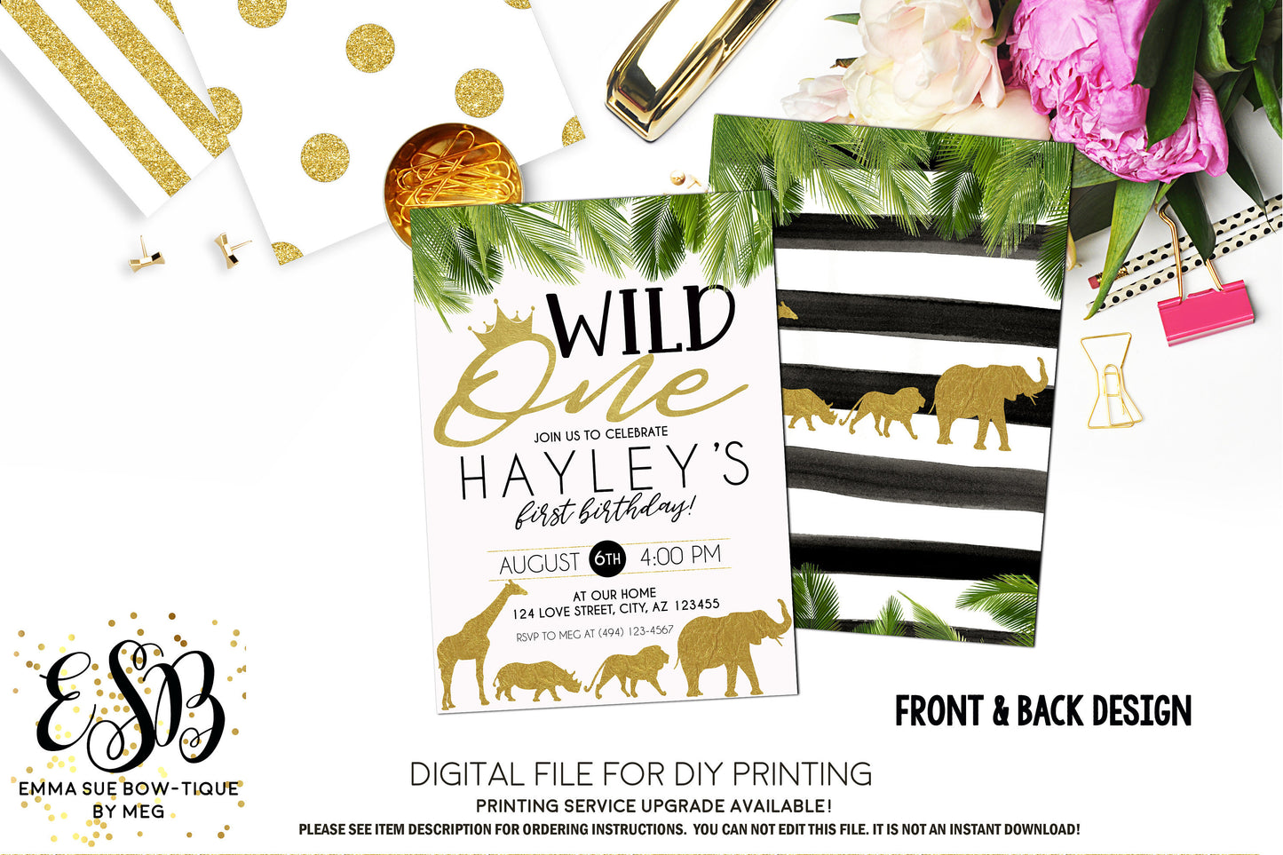 Boy's Wild One Jungle Safari - 1st Birthday Party invitation Printable - Digital File  (Wild-oneboy)