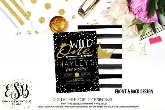 Black & Gold Wild One 1st Birthday Party invitation Printable - Digital File  (Wild-oneconfetti)