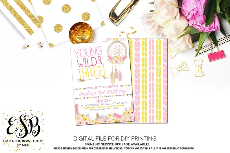 Young Wild and Three Dreamcatcher Boho Birthday Party invitation Printable - Digital File  (YWT-dream2017)