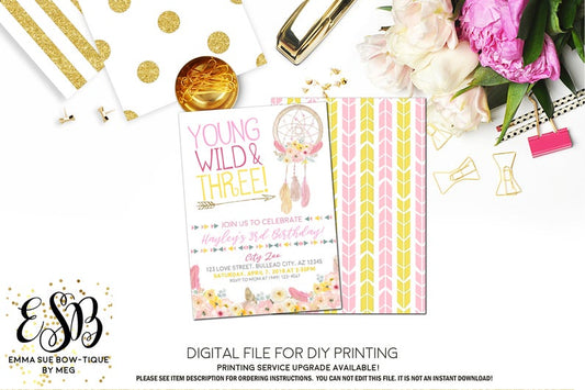 Young Wild and Three Dreamcatcher Boho Birthday Party invitation Printable - Digital File  (YWT-dream2017)