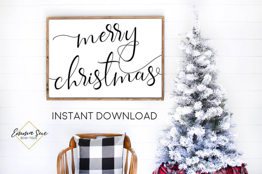 Merry Christmas - Black and White Christmas Decor Printable Sign Farmhouse Style  - Digital File