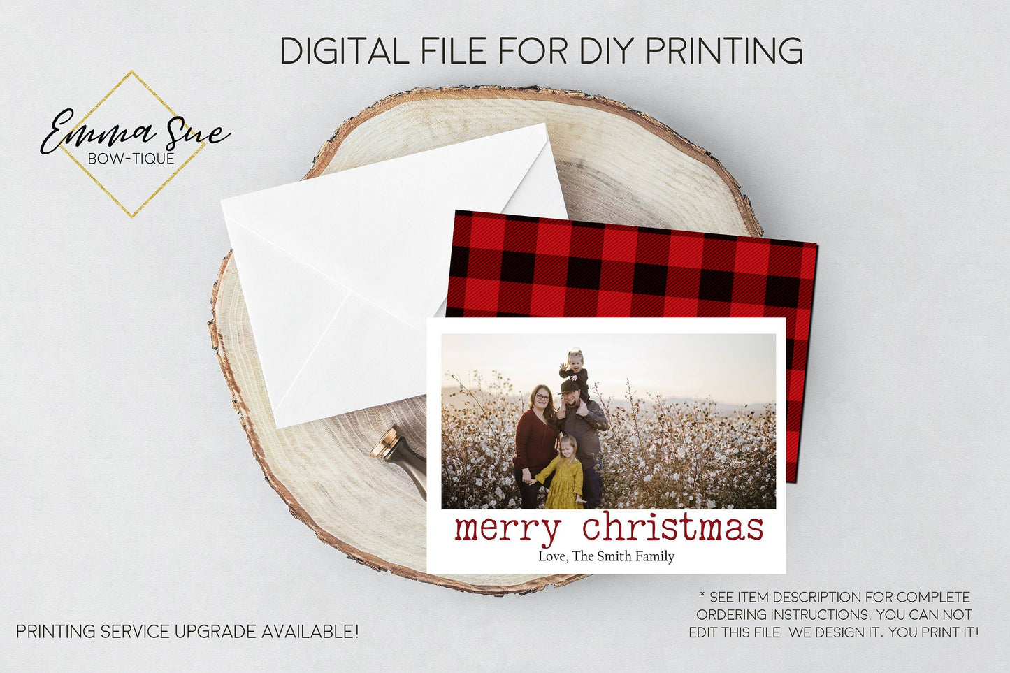 Merry Christmas - Plaid Christmas Card Red & Black Buffalo Check  - Family Photo card - Digital File