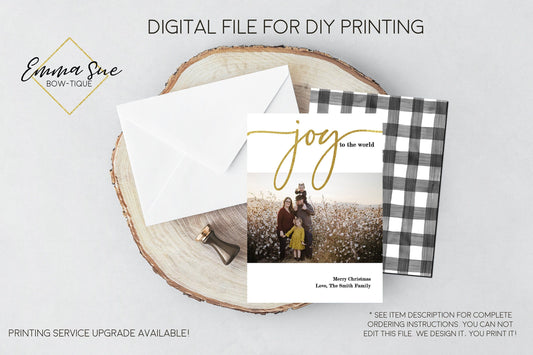 Joy to the World - Religious Gold Foiled Christmas Card Black and white buffalo check  - Family Photo card - Digital File