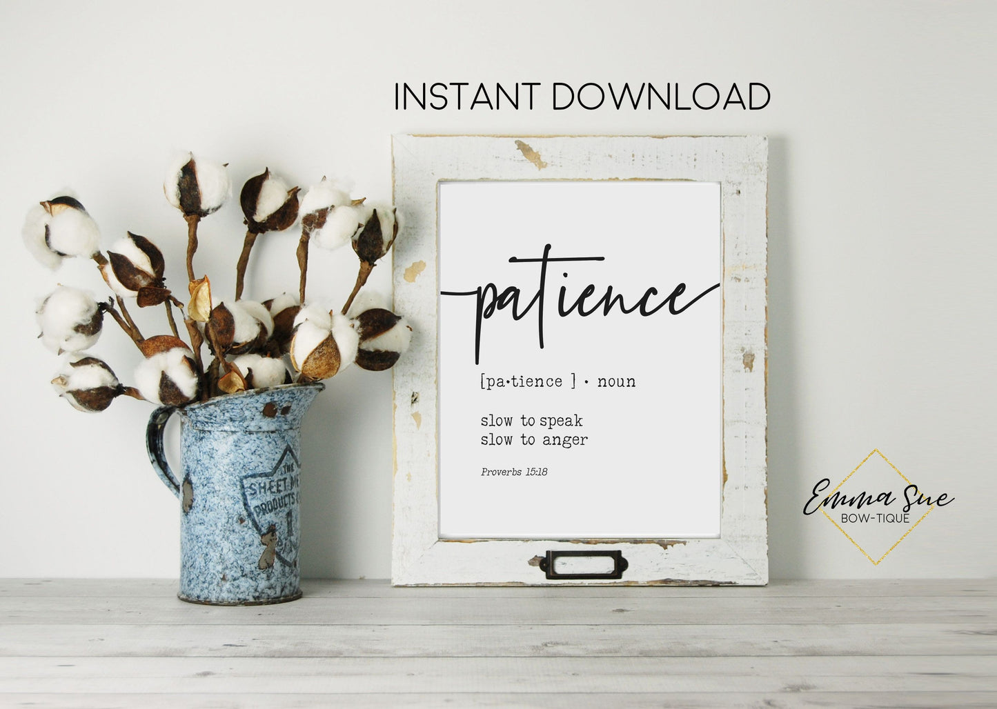 Patience Definition Proverbs 15:18 Bible Verse - Christian Farmhouse Wall Art Printable Sign