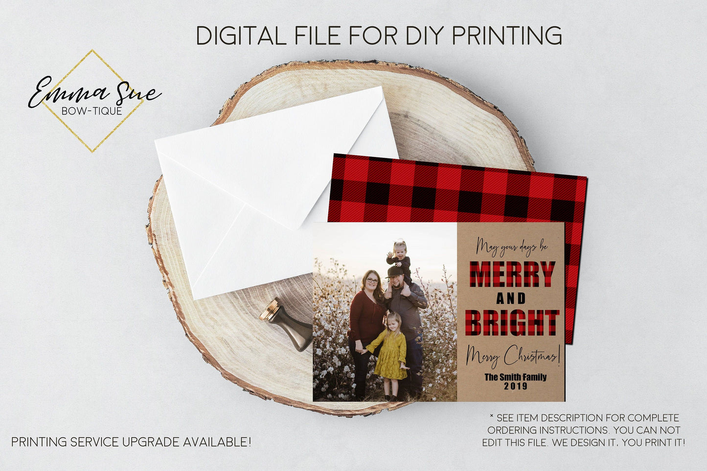 Merry & Bright - Kraft Paper Plaid Christmas Card Red & Black Buffalo Check  - Family Photo card - Digital File