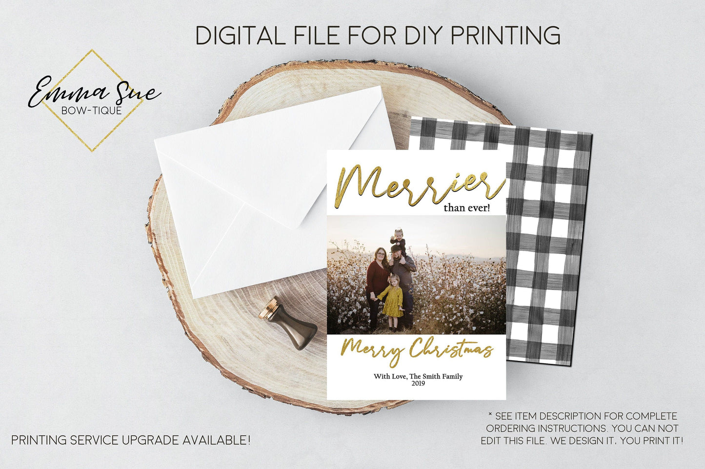 Merrier than ever - Gold Foiled Christmas Card Black and white buffalo check  - Family Photo card - Digital File