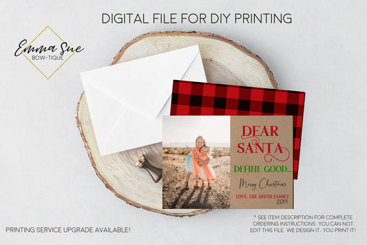 Dear Santa, Define Good - Kid's Christmas Card Kraft paper Plaid Red and Black Buffalo Check  - Family Photo card - Digital File