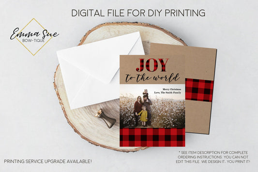 Joy to the World - Kraft Paper and Plaid Christmas Card Red & Black Buffalo Check  - Family Photo card - Digital File