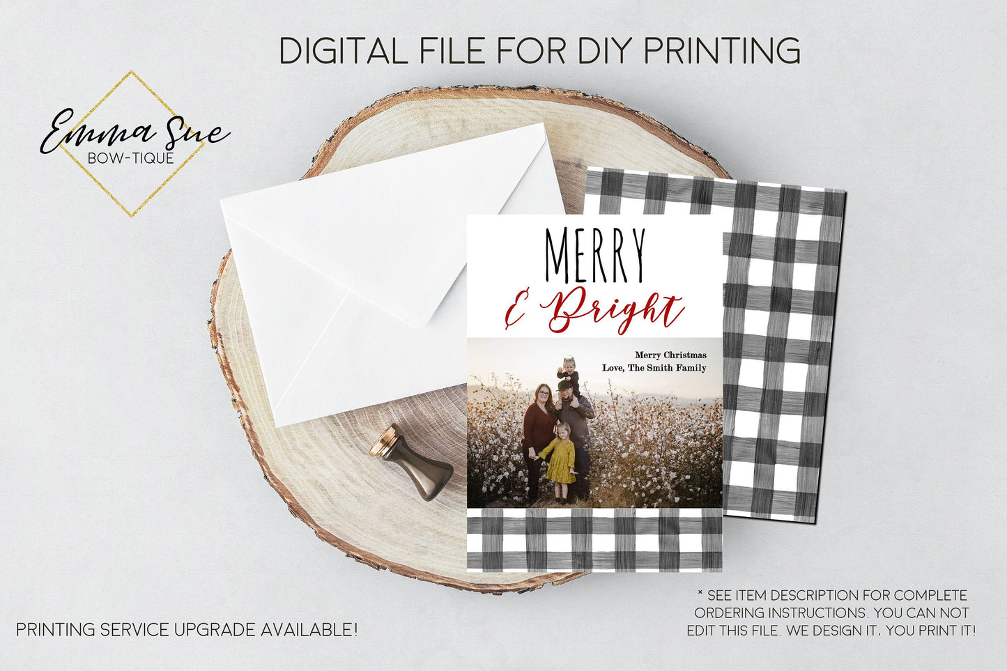 Merry & Bright - Plaid Christmas Card Black & white Buffalo Check  - Family Photo card - Digital File