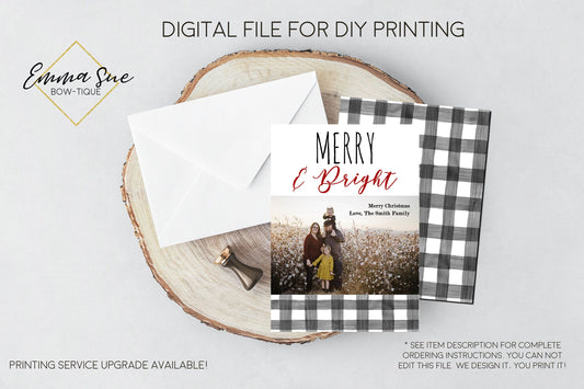 Merry & Bright - Plaid Christmas Card Black & white Buffalo Check - Family Photo card - Digital File