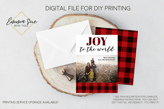 Joy to the World - Plaid Christmas Card Red & Black Buffalo Check  - Family Photo card - Digital File