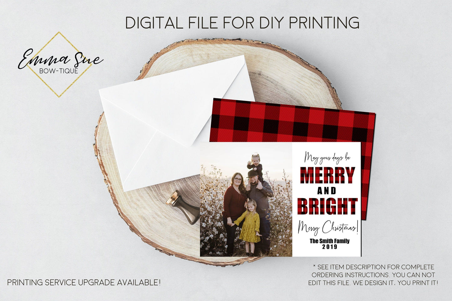 Merry & Bright - Plaid Christmas Card Red & Black Buffalo Check  - Family Photo card - Digital File