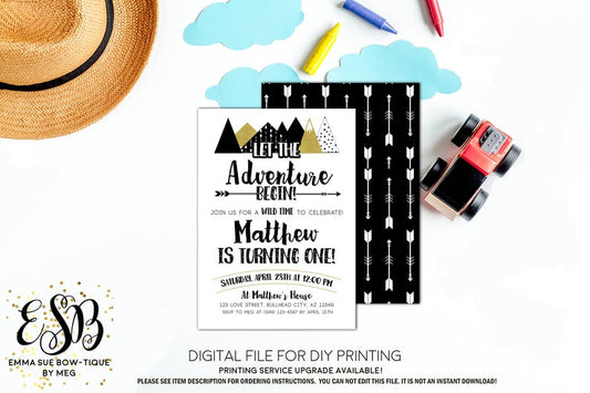 Let the Adventure Begin Boys 1st Birthday Party invitation Printable - Digital File  (adventure-gold)