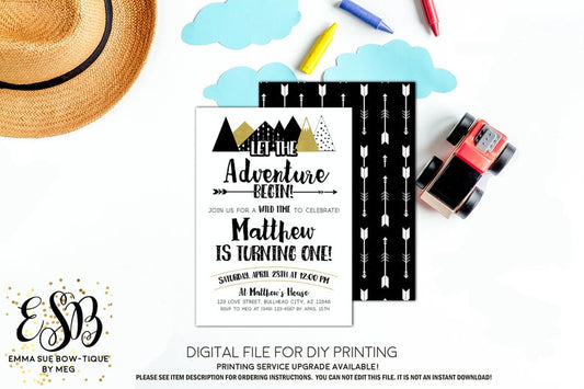 Let the Adventure Begin Boys 1st Birthday Party invitation Printable - Digital File (adventure-gold)
