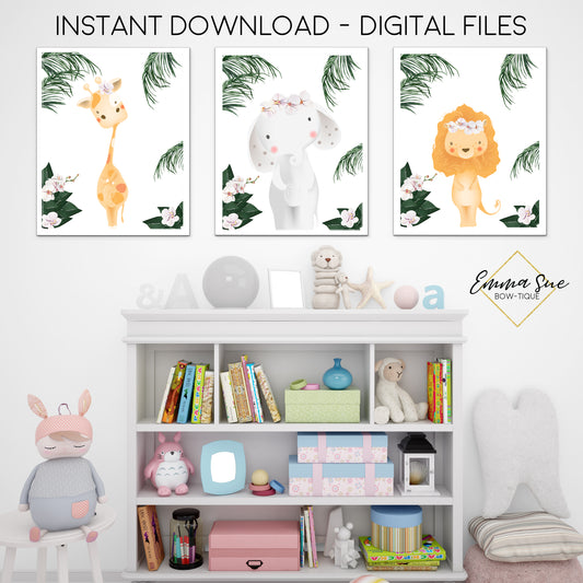 Floral Jungle Safari Animals - Giraffe Elephant Lion -  Girl's Playroom or Nursery Printable Wall Art Sign- Digital File
