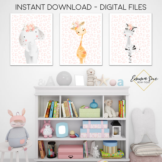 Jungle Safari Animals - Giraffe Elephant Zebra Blush Leopard Print -  Girl's Playroom or Nursery Printable Wall Art Sign- Digital File
