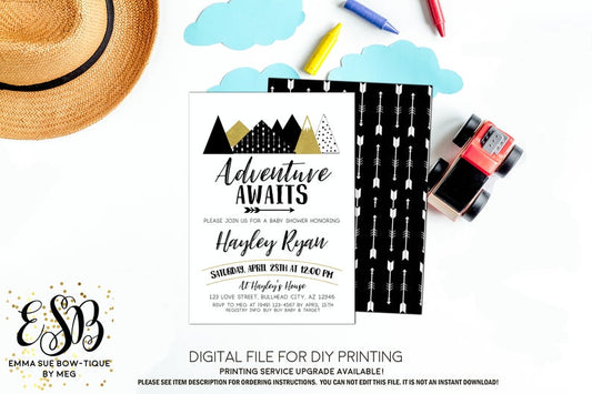Adventure Awaits Baby Shower Invitation - black and white arrows- Digital Printable File  (Baby-adventure)