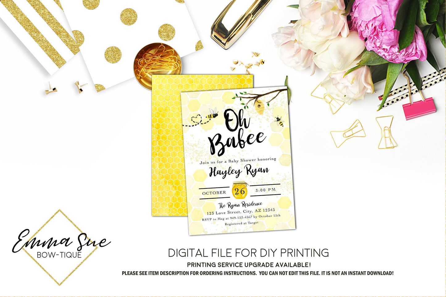 Oh Ba-Bee - Bumble Bee Baby Shower Invitation- Digital Printable File  (Baby-beeclassic)