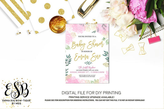 Watercolor Blush Floral Greenery - Girl's Baby Shower Invitation- Digital Printable File  (Baby-blushroses)