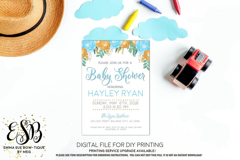 Watercolor baby blue & gold floral Boy Baby Shower Invitation- Digital Printable File  (Baby-boyfloral)