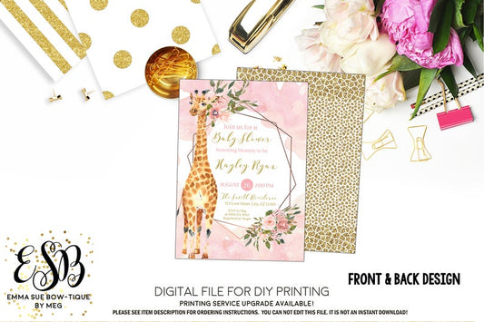 Giraffe Blush watercolor - Baby Girl Baby Shower Invitation- Digital Printable File  (Baby-giraffeflower)