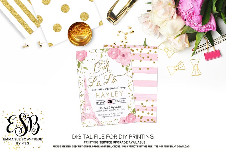 Ooh La La - Paris France Eiffel Tower Pink Baby Girl Baby Shower Invitation- Digital Printable File  (Baby-paris)
