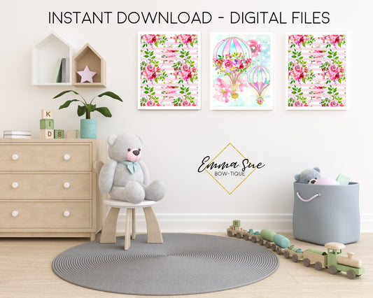 Watercolor Floral Hot Air Balloon Shabby Chic - Kid's Room Or Baby Nursery Printable Wall Art  - Digital File