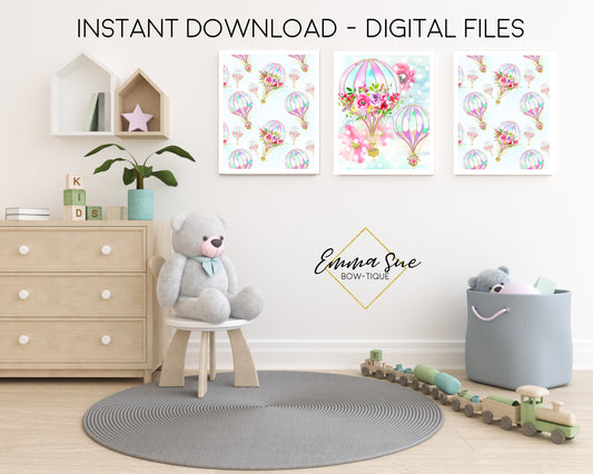 Watercolor Floral Hot Air Balloon Shabby Chic - Kid's Room Or Baby Nursery Printable Wall Art  - Digital File