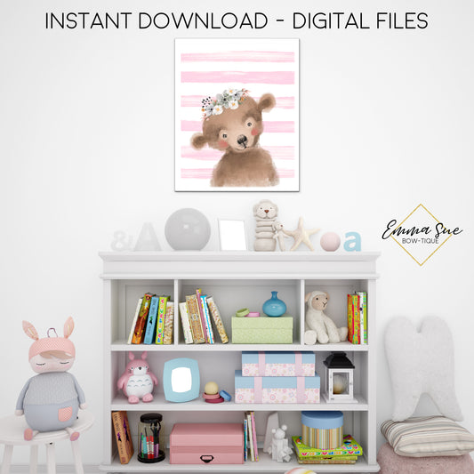 Woodland Bear with Blush Stripes Wall Art - Nursery, Playroom, Bedroom Printable Sign  - Digital File - Instant Download