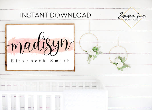 Blush Watercolor Personalized Script Monogram Baby Name Sign - Kid's Room Or Nursery Printable Wall Art  - Digital File (Name-Blush2Stroke)