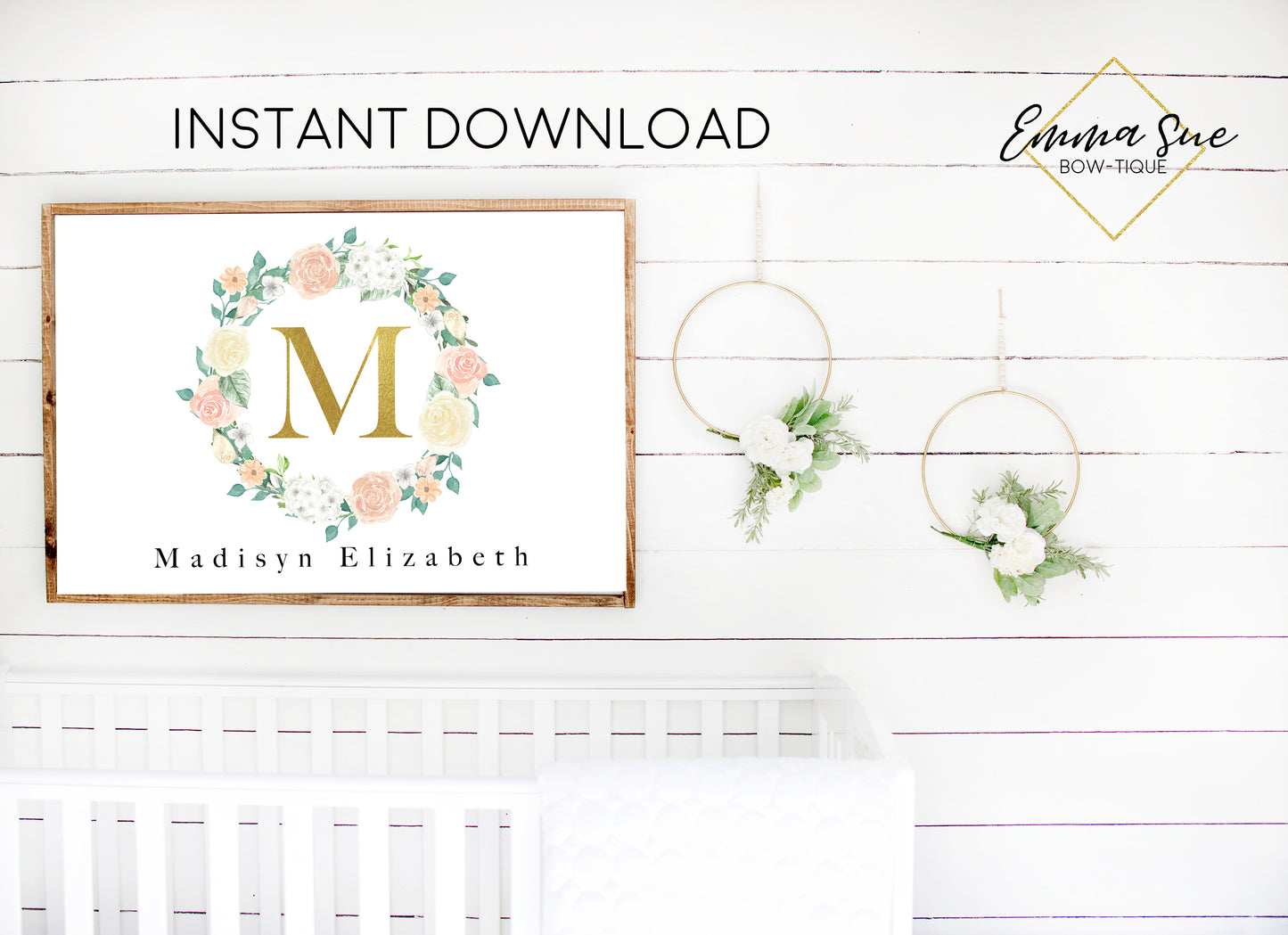 Watercolor Blush Floral Wreath Personalized Gold Monogram Baby Name Sign - Kid's Room Or Nursery Printable Wall Art  - Digital File (Name-Blushwreath)