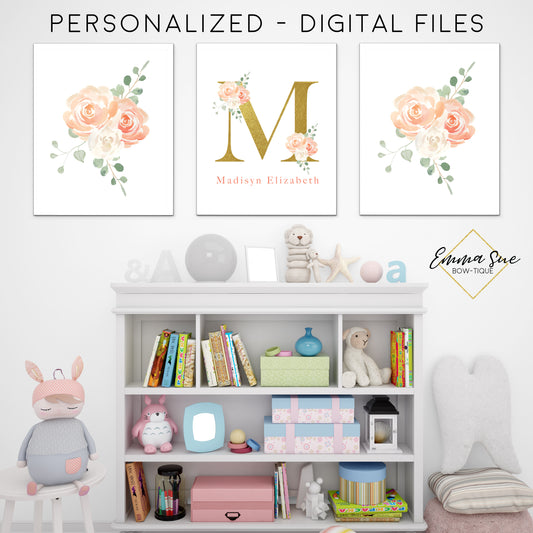 Peach Blush & Gold Watercolor Floral Personalized Monogram Baby Name Sign - Kid's Room Or Nursery Printable Wall Art  - Digital File (Name-Peachset2)