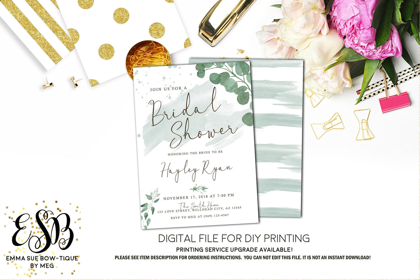 Watercolor Eucalyptus Leaves Greenery Bridal Shower Invitation - Digital File Printable (bridal-watergreen)
