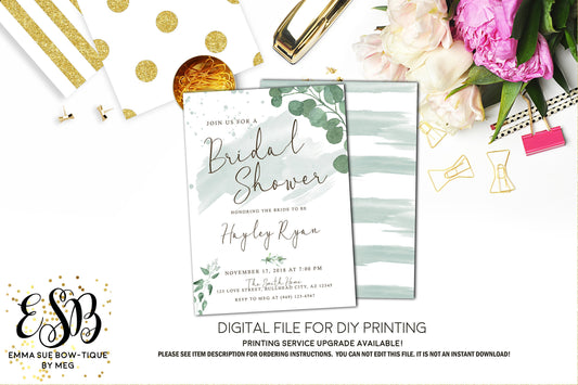 Watercolor Eucalyptus Leaves Greenery Bridal Shower Invitation - Digital File Printable (bridal-watergreen)
