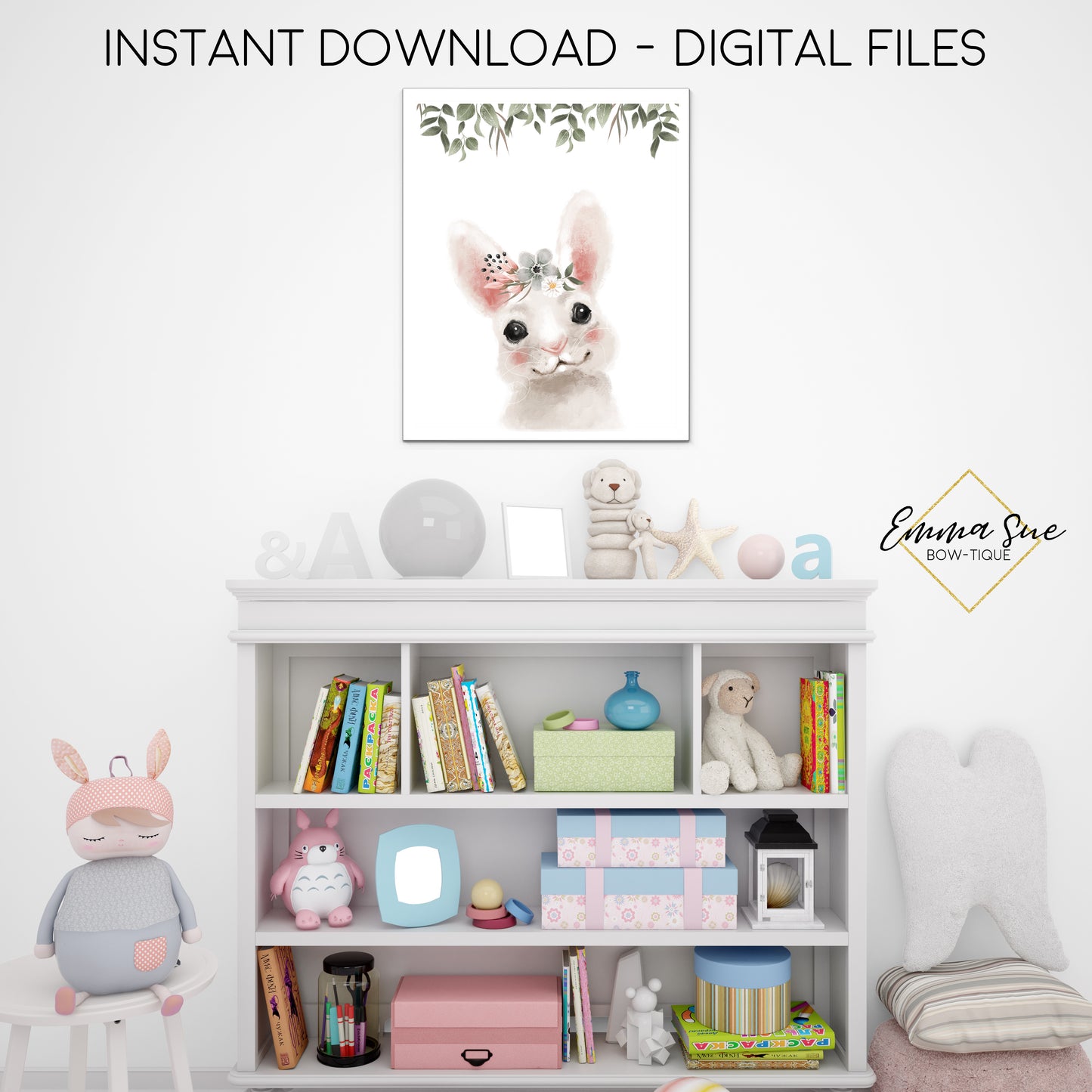Floral Woodland Bunny Wall Art - Nursery, Playroom, Bedroom Printable Sign  - Digital File - Instant Download