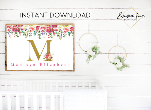 Burgundy & Gold Watercolor Floral Personalized Monogram Baby Name Sign - Kid's Room Or Nursery Printable Wall Art  - Digital File (Name-BurgMono)