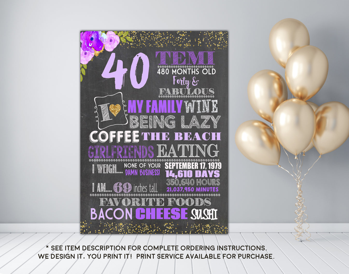 40th Birthday or any age - Adult smash cake photo prop Birthday Personalized Chalkboard Sign DIGITAL FILE