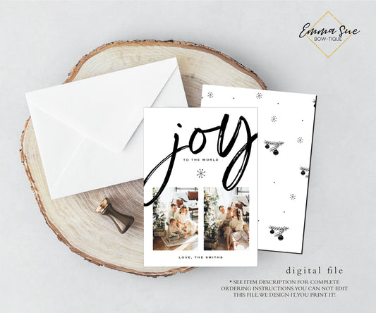 Joy to the World Black and white snowflake Minimalist Christmas Card  - Family Photo Holiday card - Digital File (Joy-modern02))